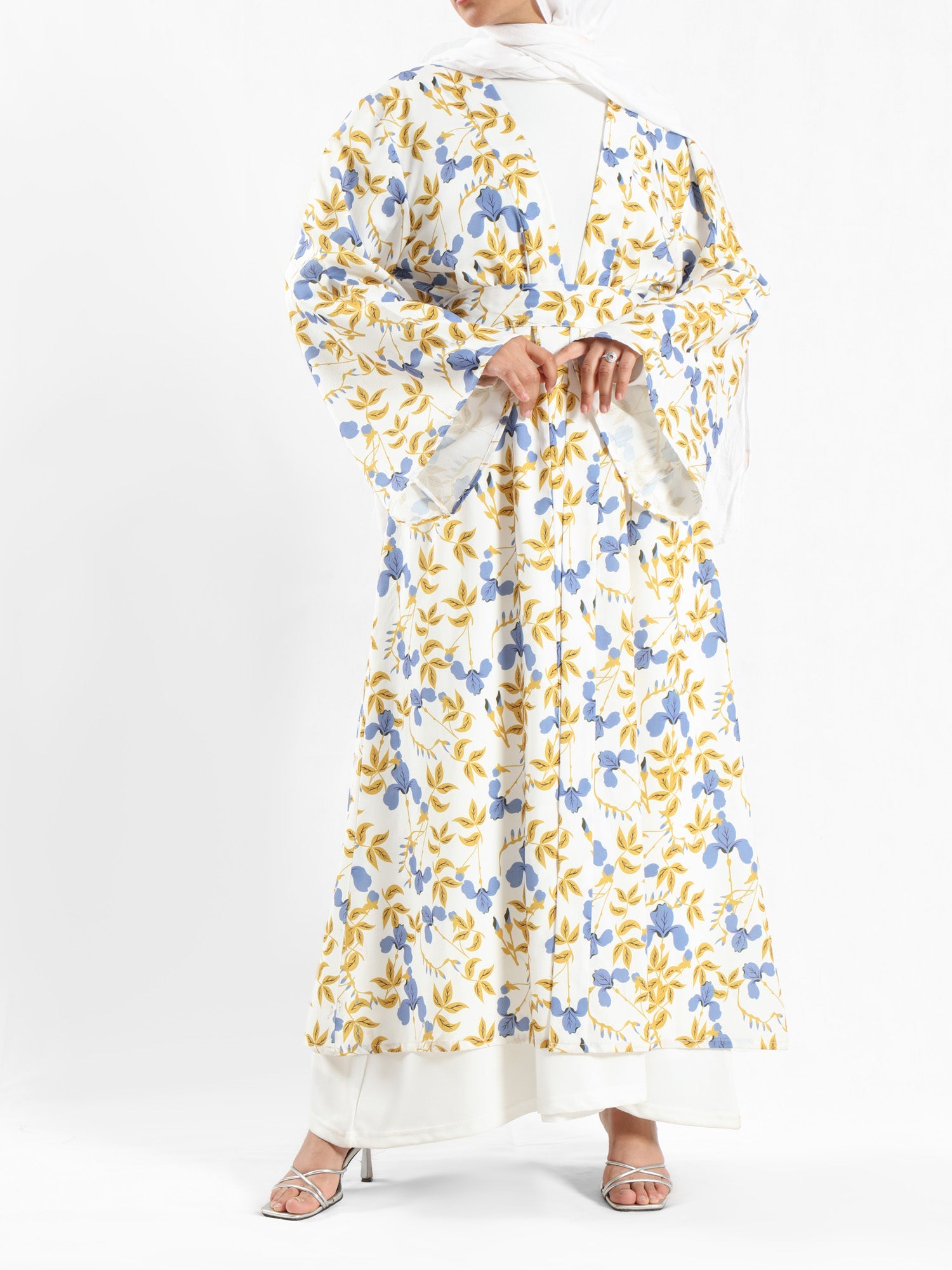 Sunset Kimono Breeze in printed plasma fabric with vibrant hues—lightweight and modest for summer evenings