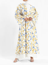 Sunset Kimono Breeze in printed plasma fabric with vibrant hues—lightweight and modest for summer evenings