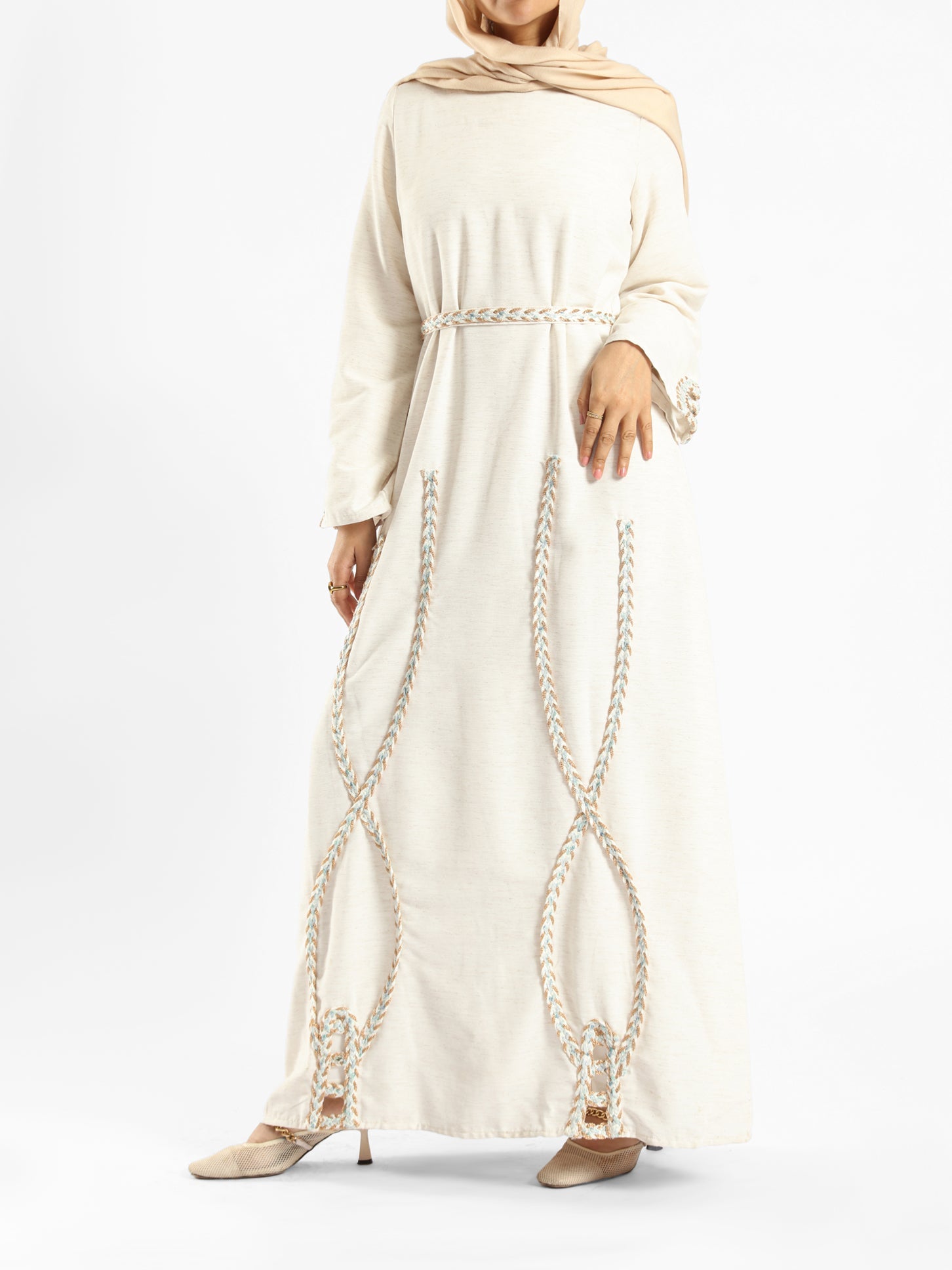 The Oasis Dress in cotton-linen blend with flowing silhouette, a breathable and modest kaftan dress for summer 