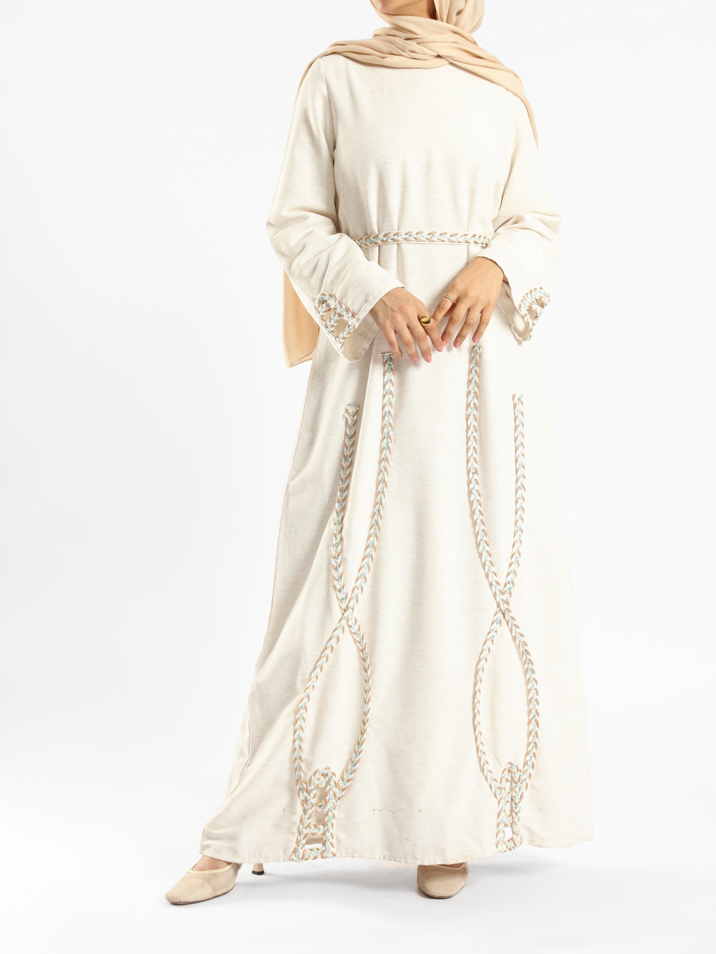 The Oasis Dress in cotton-linen blend with flowing silhouette, a breathable and modest kaftan dress for summer 