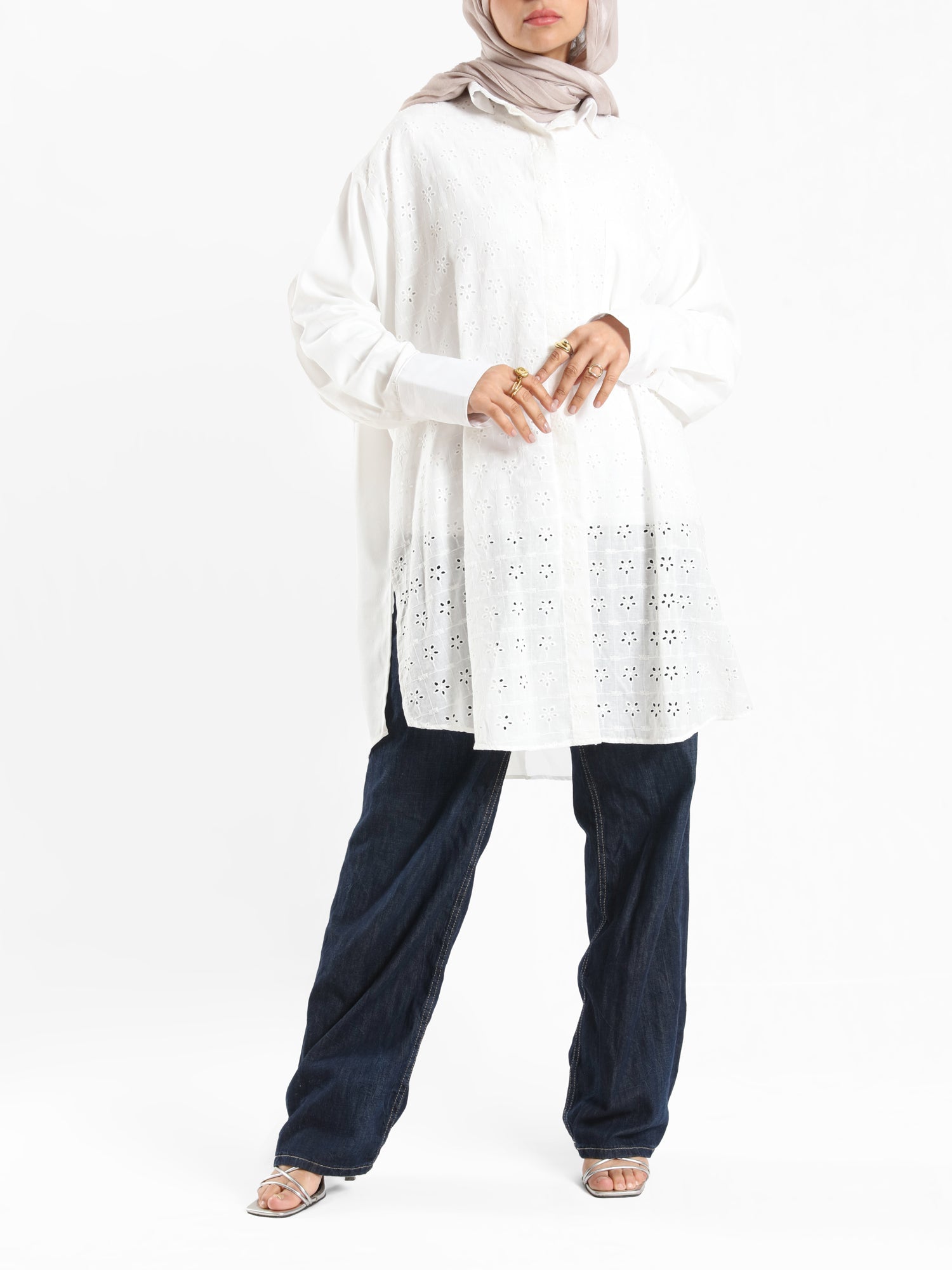 Two-Tone Lace Harmony Shirt in white and Kashmir, featuring delicate lace accents and a soft drape for elevated summer styling