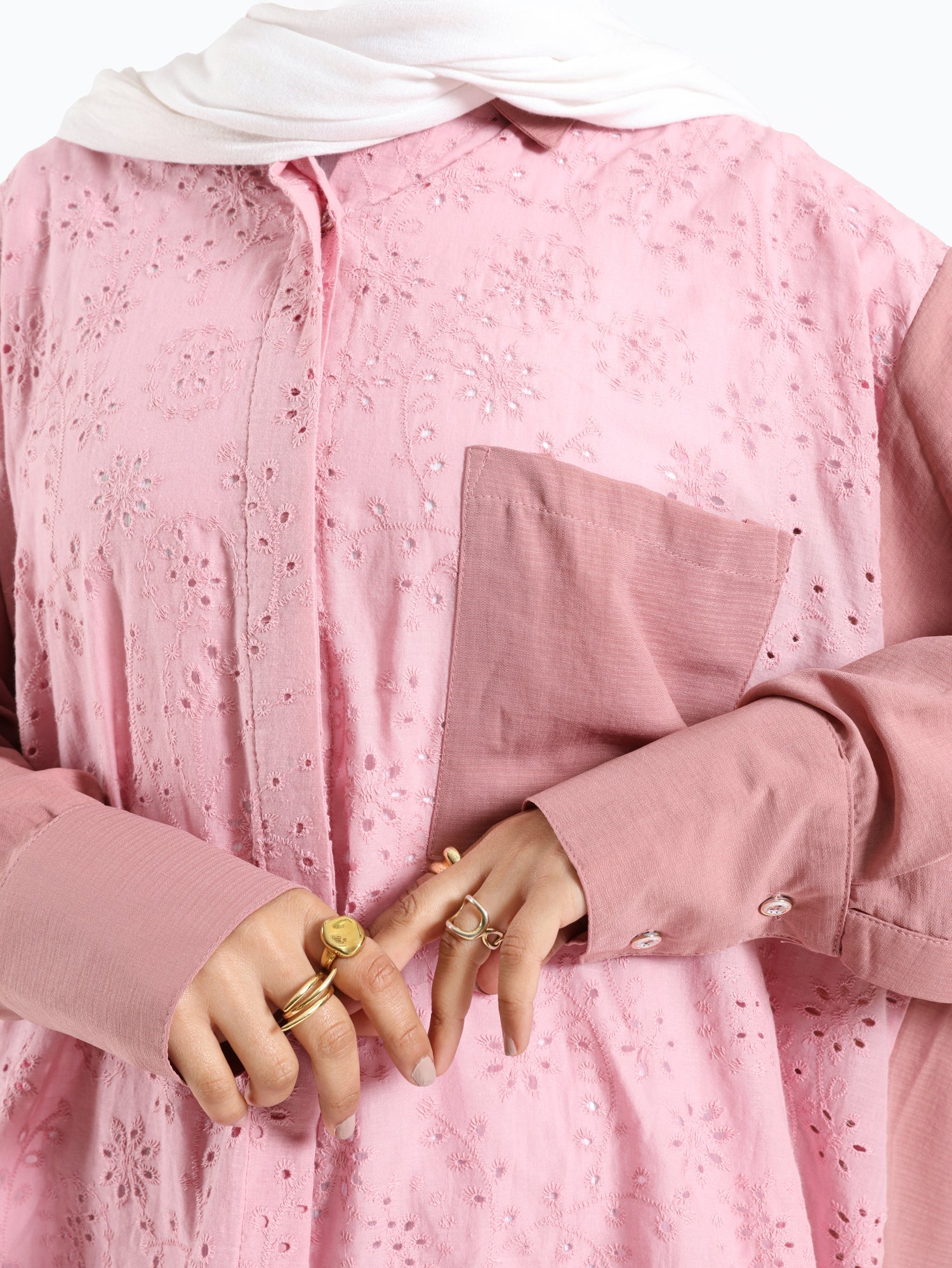 Two-Tone Lace Harmony Shirt in white and Kashmir, featuring delicate lace accents and a soft drape for elevated summer styling