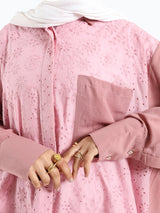 Two-Tone Lace Harmony Shirt in white and Kashmir, featuring delicate lace accents and a soft drape for elevated summer styling