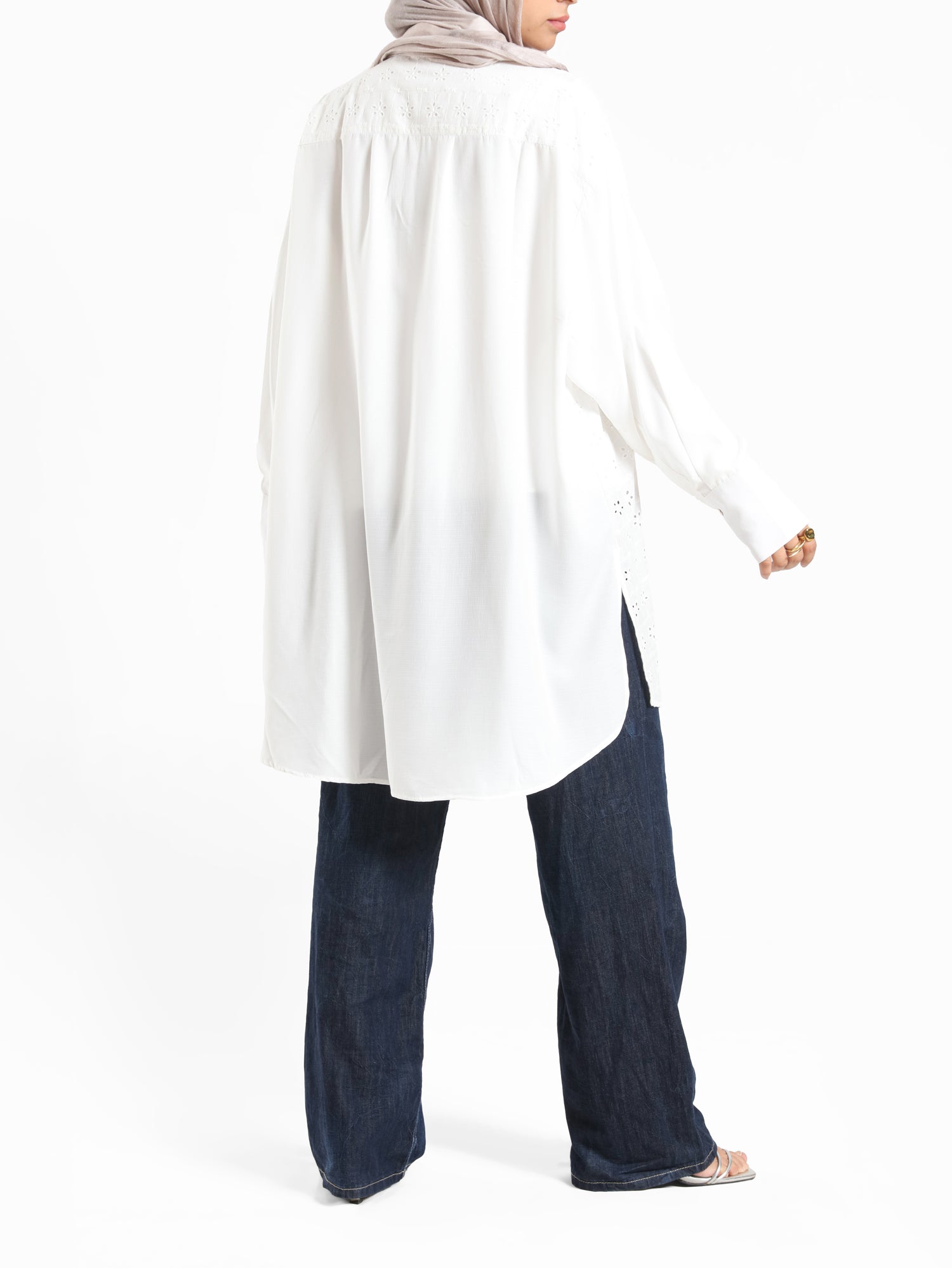 Two-Tone Lace Harmony Shirt in white and Kashmir, featuring delicate lace accents and a soft drape for elevated summer styling