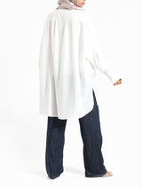 Two-Tone Lace Harmony Shirt in white and Kashmir, featuring delicate lace accents and a soft drape for elevated summer styling