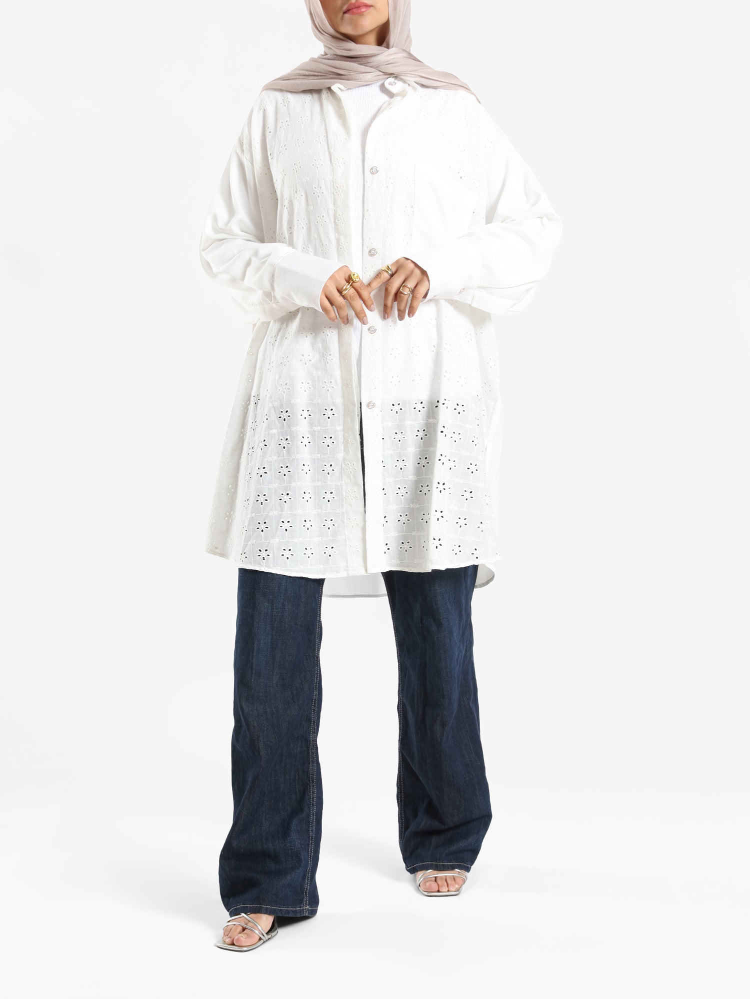 Two-Tone Lace Harmony Shirt in white and Kashmir, featuring delicate lace accents and a soft drape for elevated summer styling