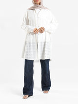 Two-Tone Lace Harmony Shirt in white and Kashmir, featuring delicate lace accents and a soft drape for elevated summer styling