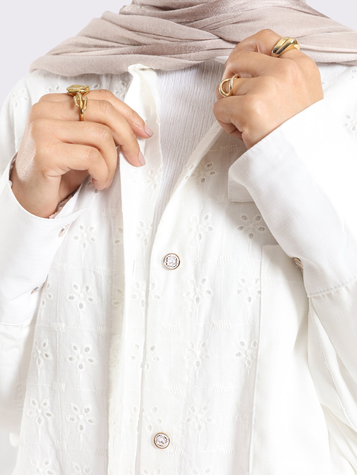 Two-Tone Lace Harmony Shirt in white and Kashmir, featuring delicate lace accents and a soft drape for elevated summer styling