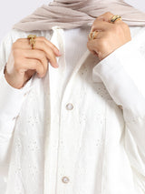 Two-Tone Lace Harmony Shirt in white and Kashmir, featuring delicate lace accents and a soft drape for elevated summer styling