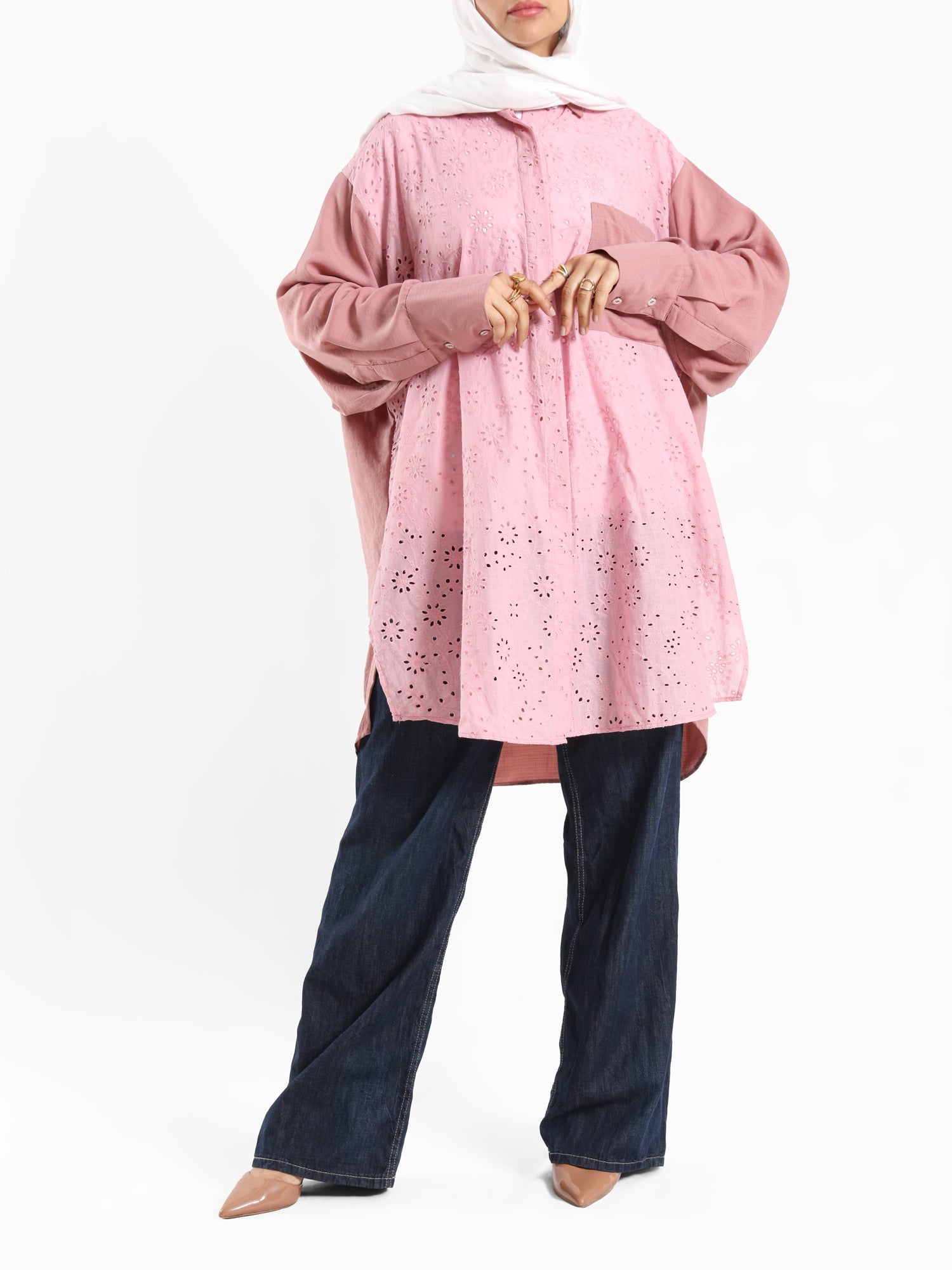 Two-Tone Lace Harmony Shirt in white and Kashmir, featuring delicate lace accents and a soft drape for elevated summer styling