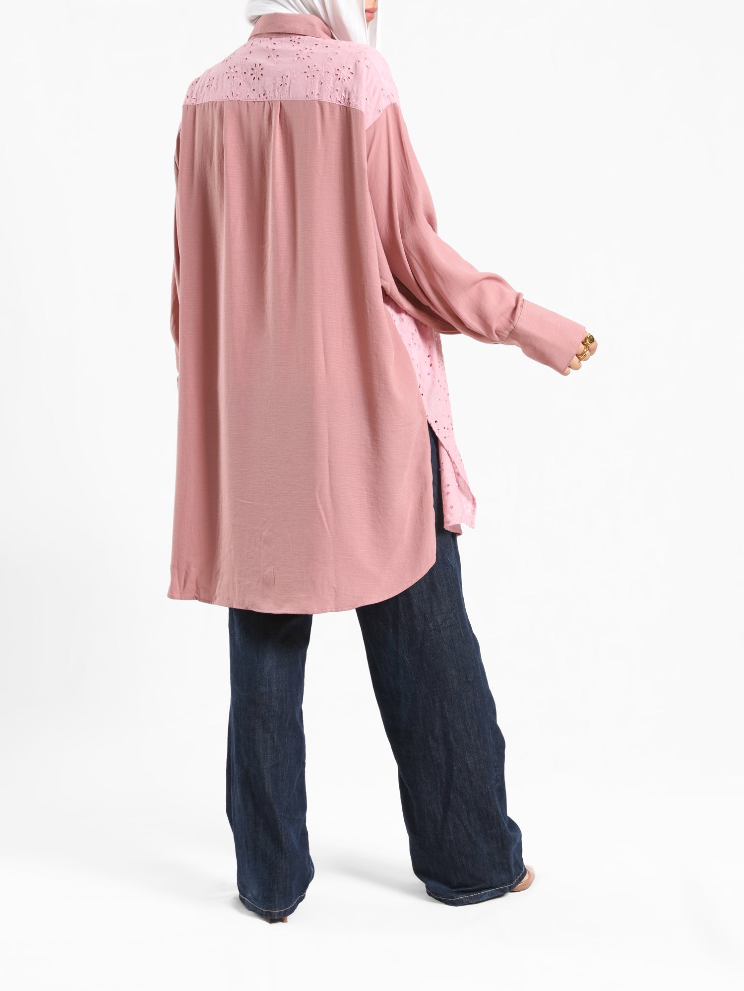 Two-Tone Lace Harmony Shirt in white and Kashmir, featuring delicate lace accents and a soft drape for elevated summer styling