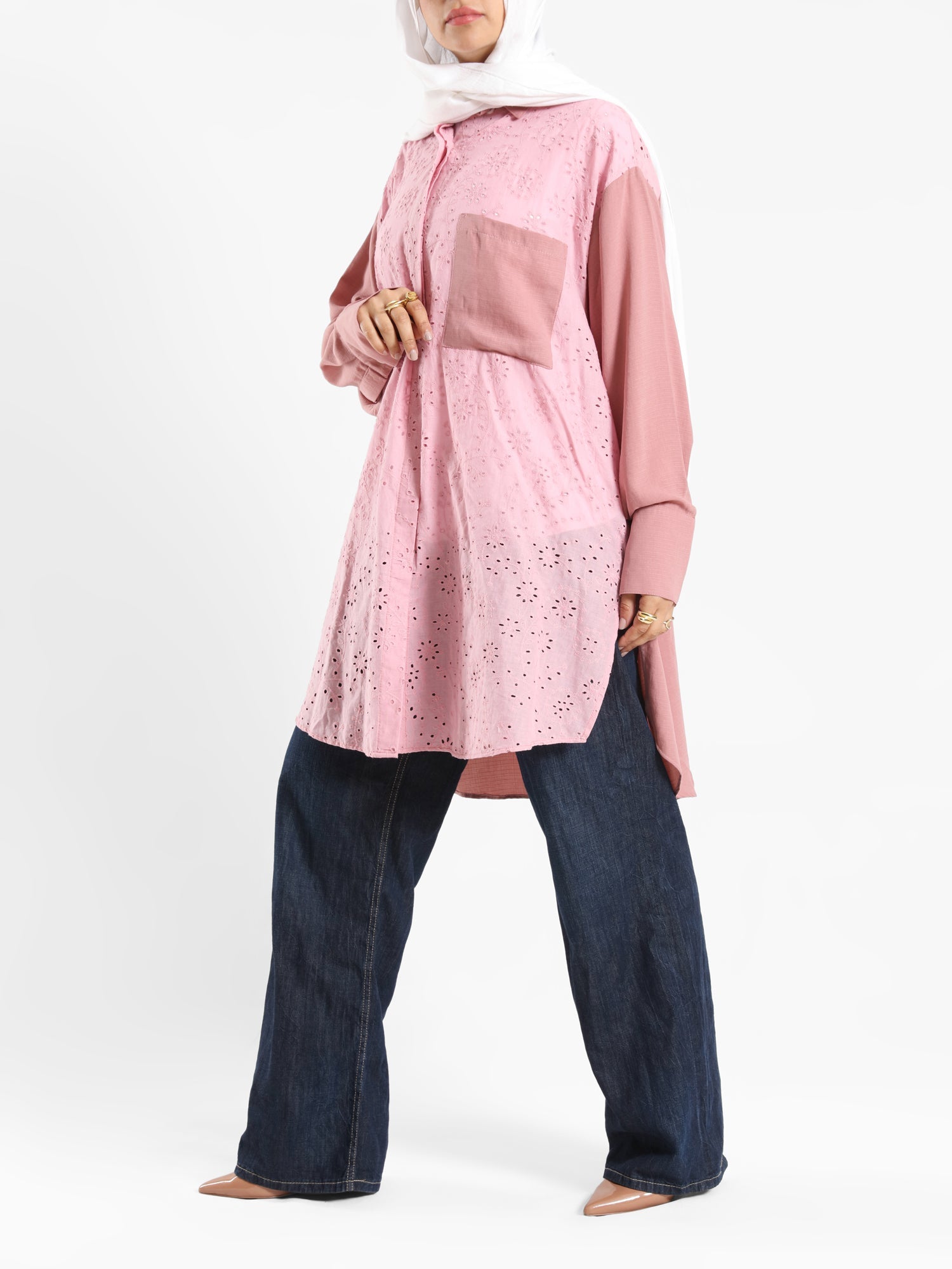 Two-Tone Lace Harmony Shirt in white and Kashmir, featuring delicate lace accents and a soft drape for elevated summer styling