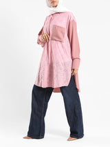 Two-Tone Lace Harmony Shirt in white and Kashmir, featuring delicate lace accents and a soft drape for elevated summer styling