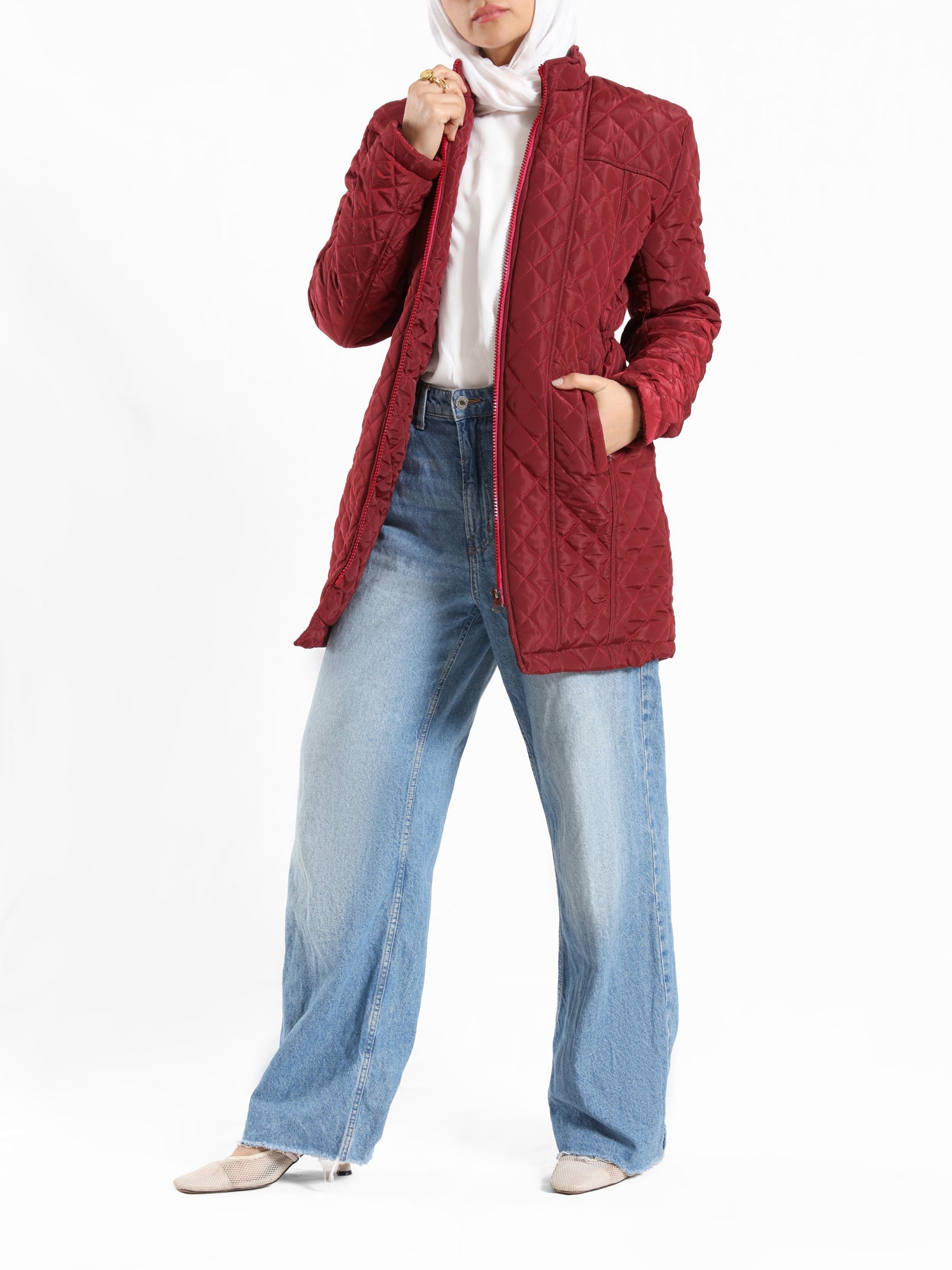 Venus Jacket in black or red with long sleeves, a modest winter puffer coat for warmth, and everyday layering