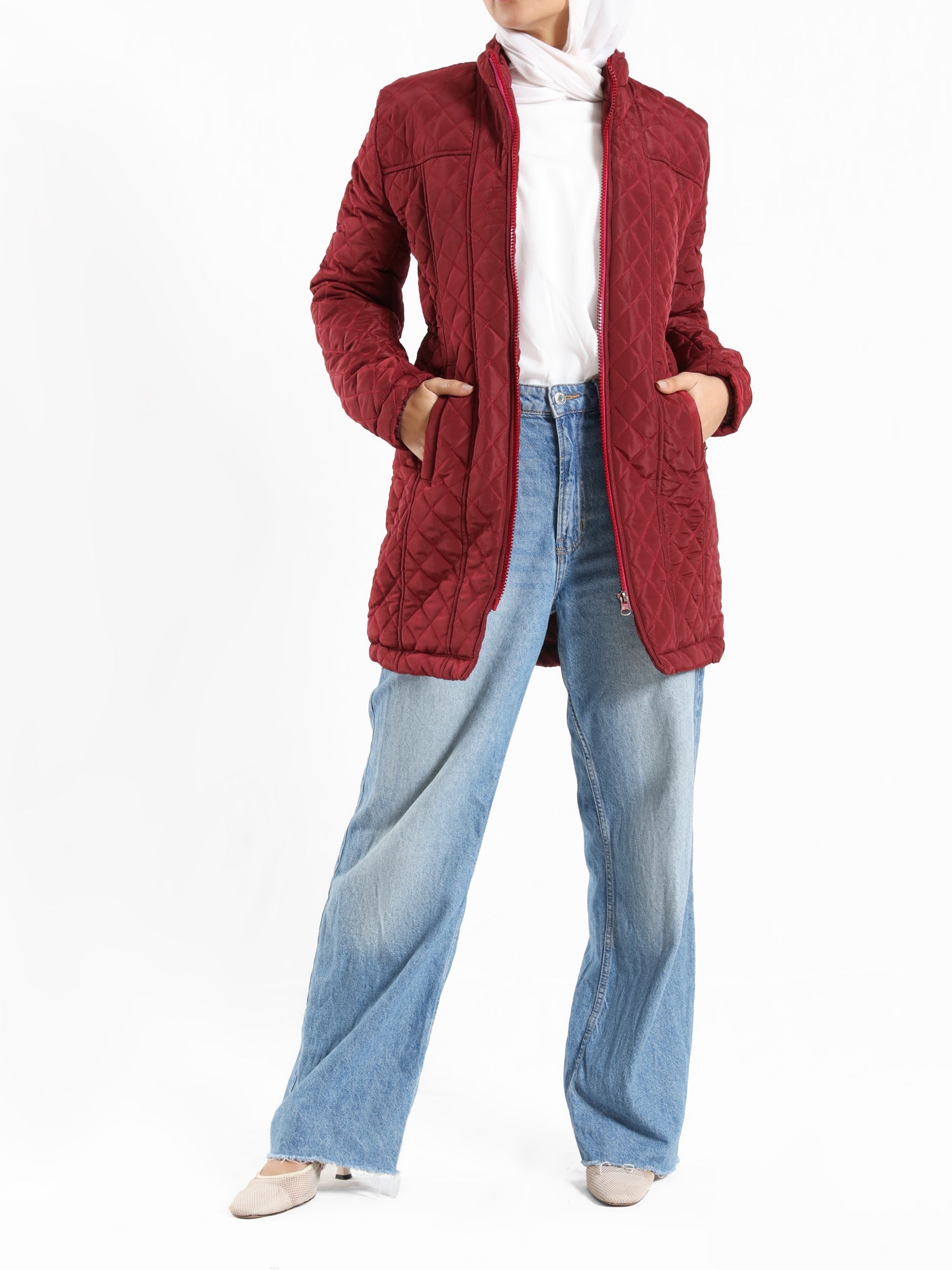 Venus Jacket in black or red with long sleeves, a modest winter puffer coat for warmth, and everyday layering