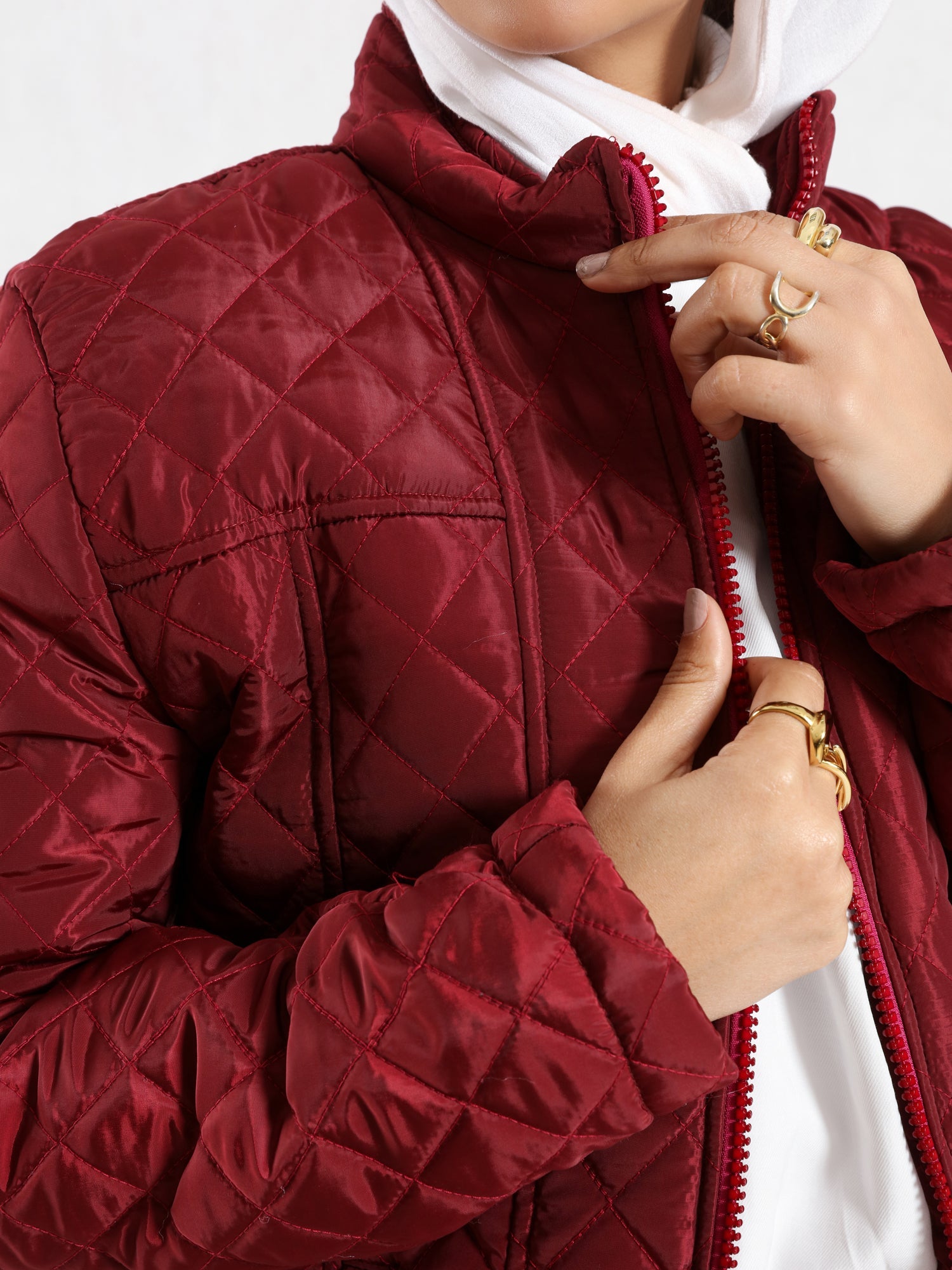 Venus Jacket in black or red with long sleeves, a modest winter puffer coat for warmth, and everyday layering